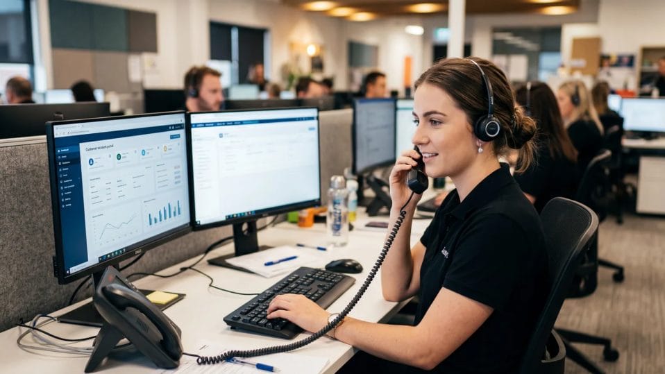 Customer service representative with a practiced expression on a phone call, computer screen showing a customer account,