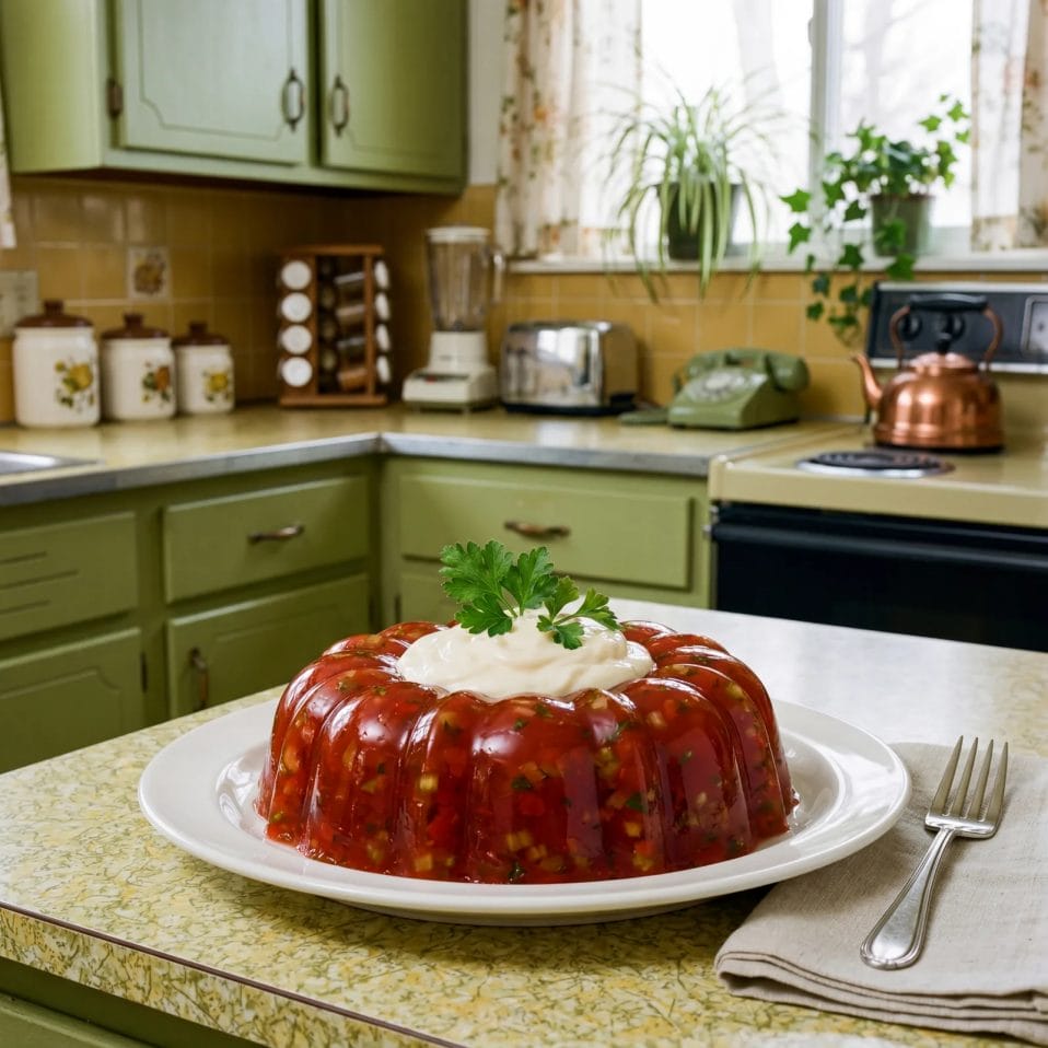 Jiggly ring-shaped tomato aspic mold on a white serving plate, topped with a dollop of mayonnaise and parsley, 1970s avo